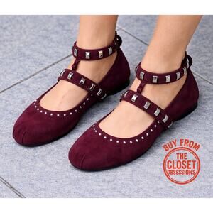 ZARA Leather Studded Ballet Flats NWT | Burgundy Suede Buckle Strap 7.5–8